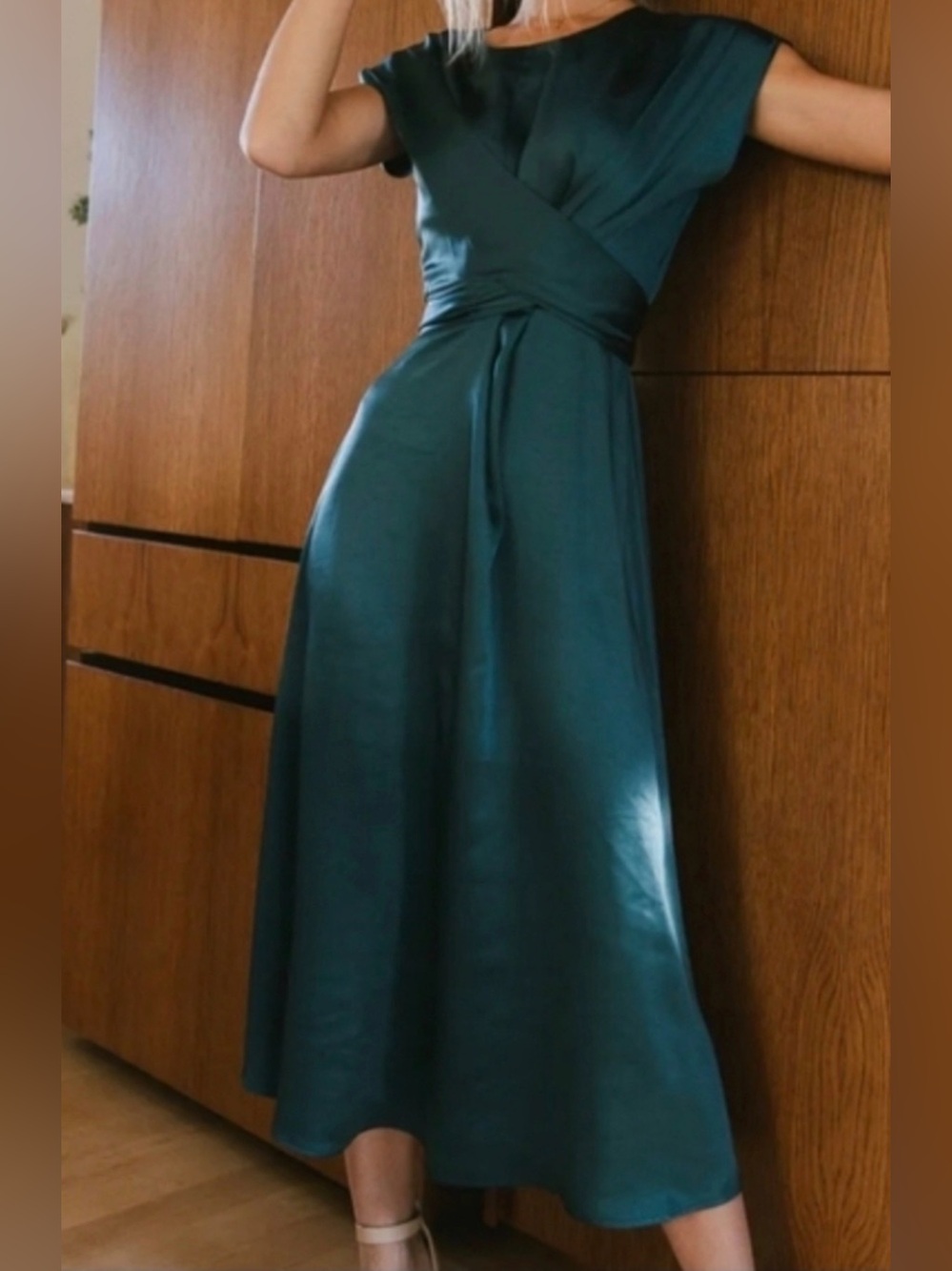 Böhme Rosalind Satin Twist Front Midi Dress Teal Size Medium